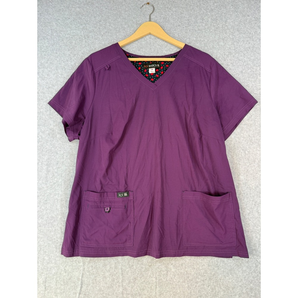 Koi Basics 2X Scrub Top Plum Purple Stretch V-Neck Multi-Pocket